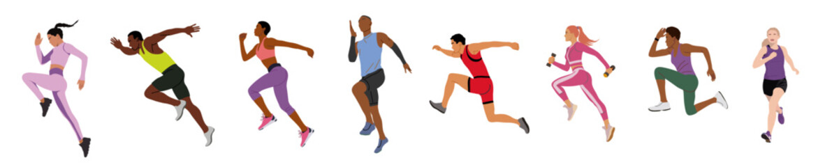 Runners set. Male and female athletes running. Healthy active lifestyle. Maraphon, Sprint, jogging, warming up. Sport, fitness design, flat style vector illustrations isolated, trtansparent background