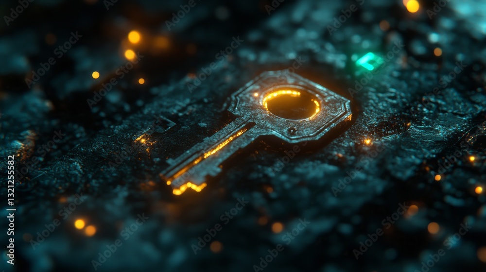 Aufkleber Visual representation of a quantum encryption key on a futuristic digital backdrop, emphasizing concepts like quantum, superposition, and entanglement in security protocols.