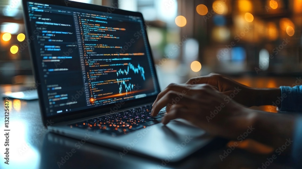 Aufkleber A person types on a laptop displaying complex quantum encryption code amid a cozy, well-lit environment, emphasizing advancements in security protocols against eavesdropping.