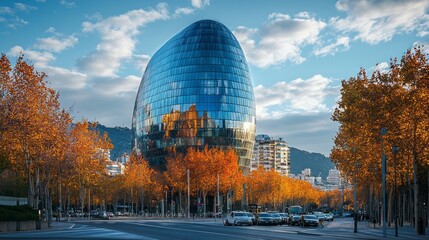 Obraz premium Golden leaves cascade around a striking modern structure, mirroring the sunset's light in the heart of a bustling city during a crisp autumn day. The atmosphere is vibrant and lively