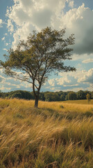 Fototapeta premium Single tree in a golden grass field under a partly cloudy sky. Peaceful landscape photography.
