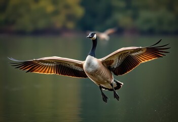 Fototapeta premium Large Canada goose spreading wings, taking flight, flying goose, nature photography