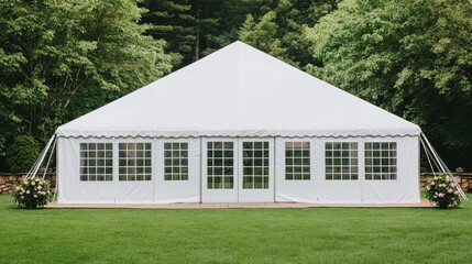 Obraz premium Large white event tent on green lawn with trees in background. Ideal for weddings, parties, and outdoor gatherings.