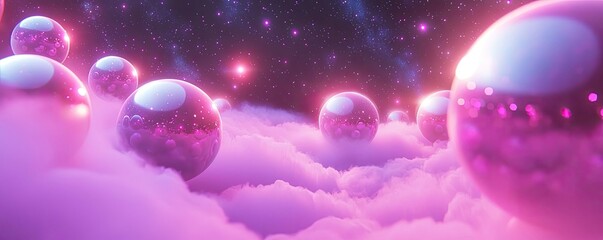 Fototapeta premium 3D abstract art background concept. Colorful spheres floating in a dreamy cloud landscape under a starry night.