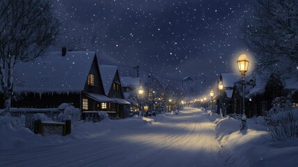 Fototapeta premium Snowy Village Street Night Scene