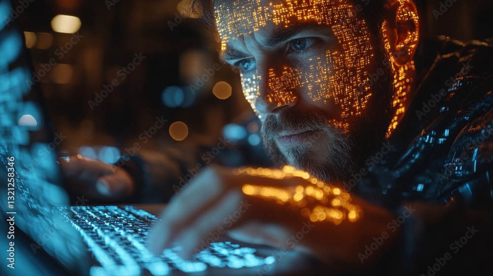 Poster A researcher engages deeply with quantum principles, focusing on qubits, superposition, and entanglement while analyzing datasets and optimizing algorithms in a vibrant digital environment.