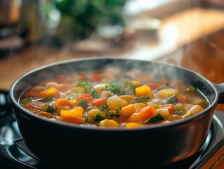 Healthy Organic Vegetable Soup: A Wholesome Homemade Meal with Fresh Ingredients and Flavorful Herbs for a Comforting Dinner
