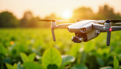 Autonomous drone scanning crops at sunset, smart agriculture innovation