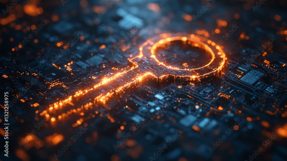 Poster A glowing key symbol represents quantum encryption and secure communication, set against intricate digital circuits, showcasing advanced concepts like entanglement and decoherence.