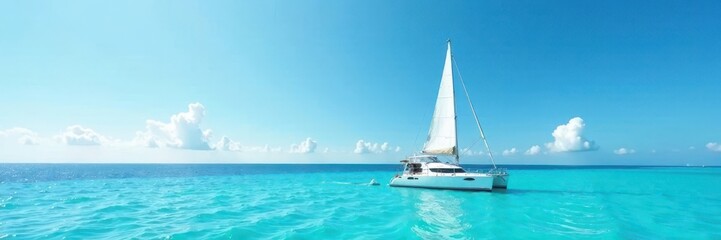 Sailing boat floats on calm turquoise waters with a bright blue sky above , waves, sky, boat