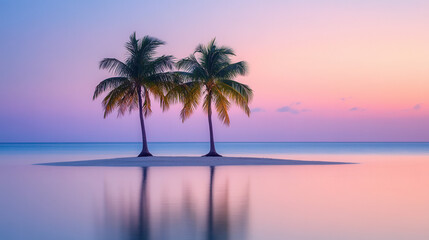 A cluster of three coconut trees on a tiny sandbar, surrounded by still water. The background is a seamless pastel gradient, enhancing the focus on the trees