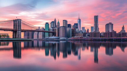 Fototapeta premium A mesmerizing view of the New York City skyline reflected on the Hudson River at sunset, with the Brooklyn Bridge in sight