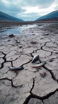 A dried-up lakebed with abandoned fish skeletons scattered across it