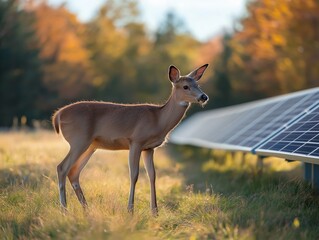 Deer in Harmony with Solar Panels: Wildlife and Renewable Energy in a Picturesque Autumn Forest