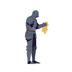 Knight in armor holding a piece of cloth in flat vector illustration