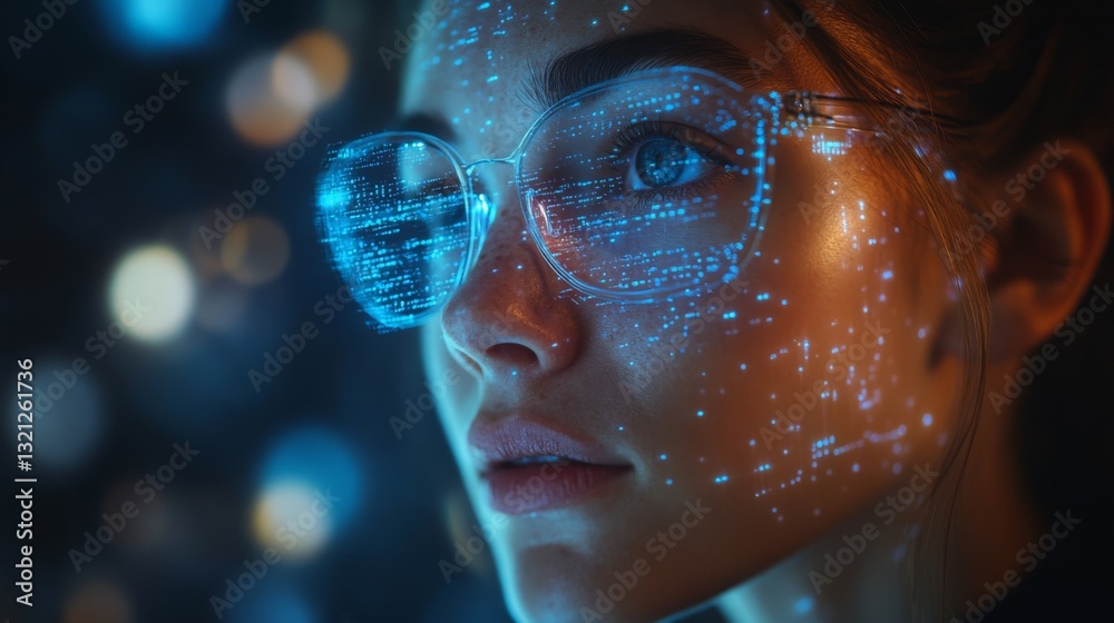 Poster a woman with glasses displays digital projections of quantum concepts on her face. the glowing detai