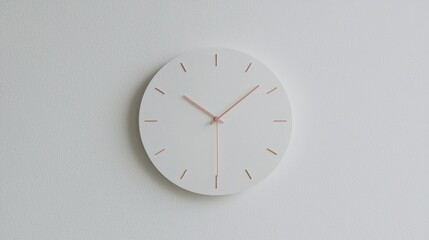 Round clock with a white face and orange hands. the clock is hanging on a plain white wall. the hands of the clock are pointing to the hour and minute hands, indicating that it is 12 o'clock.