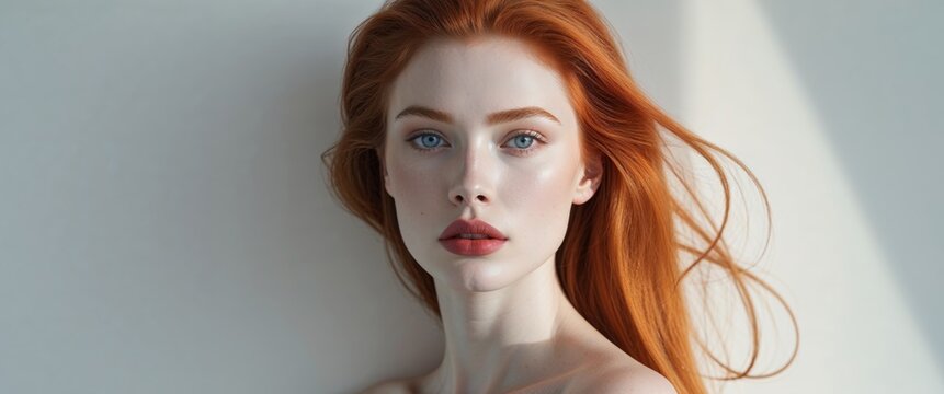 Beautiful redhead model posing with perfect skin and blue eyes.