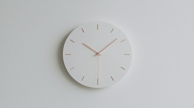 Round clock with a white face and orange hands. the clock is hanging on a plain white wall. the hands of the clock are pointing to the hour and minute hands, indicating that it is 12 o'clock.