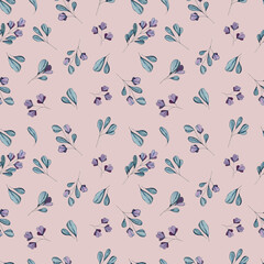 Watercolor seamless pattern with herbs and flowers. Romantic floral background. Fabric design.