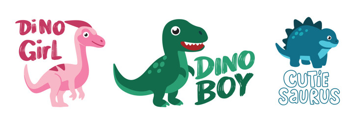 Collection of cute dinosaurs in flat style. Hand drawn vector art.