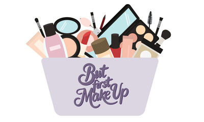 Many make up accessories in cosmetics bag in flat style. Hand drawn vector art.