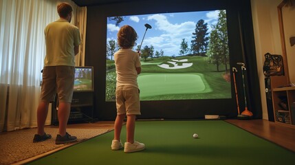 Child practices golf swing indoors with instructor using simulation technology in home setting