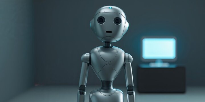 a robot standing in a room with a monitor.