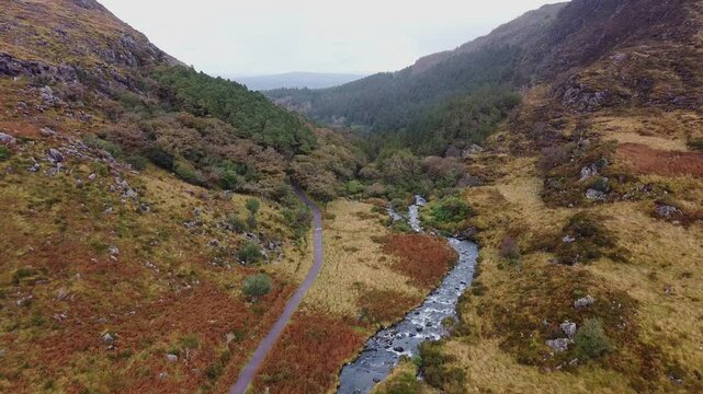 Flight over Torc river near Muckross Lake, Killarney, Ireland