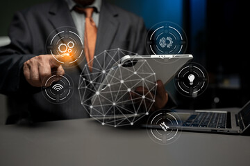 Male businessman thinking ideas strategy working concept.