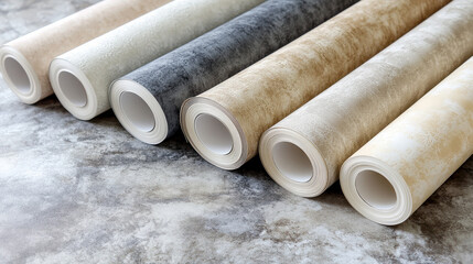 A selection of vinyl wallpaper rolls in various colors and textures, perfect for wall decoration