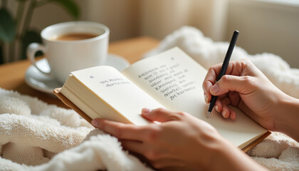 Hands writing reflections in journal with tea, personal growth