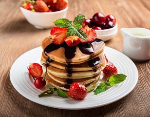 Stack of pancakes topped with fresh strawberries, cherries, mint leaves, and drizzled with chocolate syrup, served on a white plate on a wooden table. Cozy breakfast scene.