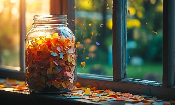 A jar filled with colorful paper notes sits on a windowsill, illuminated by golden sunlight, with a garden view