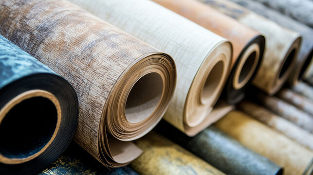 A selection of vinyl wallpaper rolls in various colors and textures, perfect for wall decoration