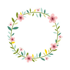 Spring floral wreath illustration with butterflies and flowers. Fresh and decorative seasonal design for greeting cards, posters, invitations, and digital projects.
