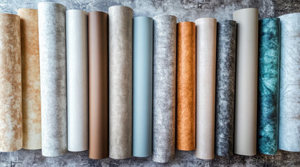 A selection of vinyl wallpaper rolls in various colors and textures, perfect for wall decoration