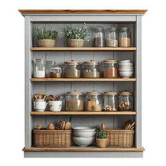 3d illustration of wooden shelves with different utensils isolated on transparent background.
