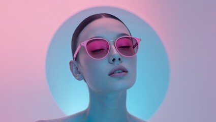 Model posing with pink sunglasses and blue and pink lighting.
