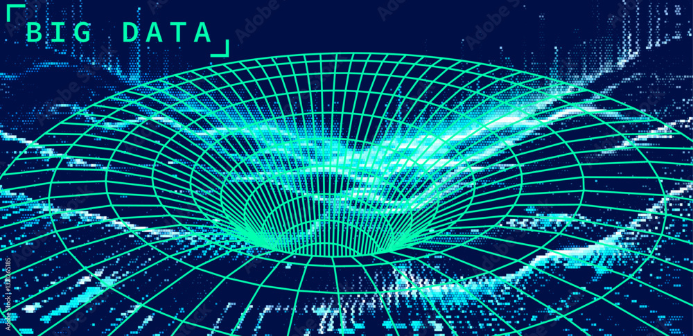 Aufkleber Futuristic vector illustration of a digital landscape, featuring a 3D grid forming a vortex. Cover for themes of technology and big data visualization.  