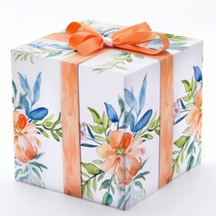 Gift box adorned with floral designs and an orange ribbon.