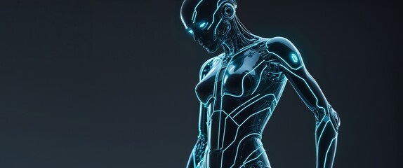 Futuristic humanoid figure with glowing outlines and cybernetic features in a dark background.