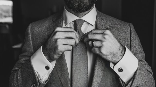 Black and white photograph of a man adjusting his tie. he is wearing a suit with a white shirt and a patterned tie. the man has a beard and is standing in a room with a window in the background.
