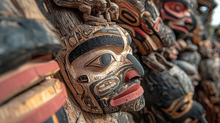 Close-up of a group of totem poles. the poles are made of wood and are intricately carved with various symbols and designs.
