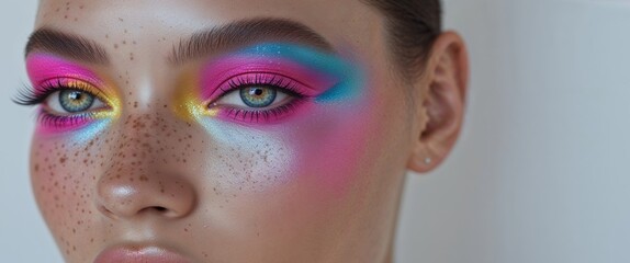 Fototapeta premium Fashion model showing colorful eyeshadow makeup and freckles