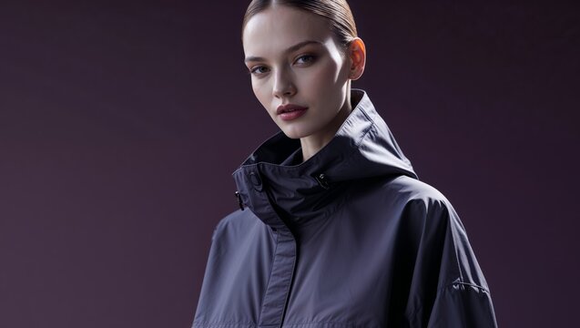 Fashionable windbreaker clothing banner with a sleek dark purple background for a trendy look.