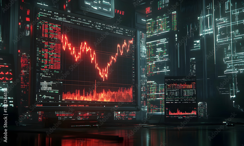 Poster a room filled with monitors displaying dynamic data streams and graphs, predominantly red and black,