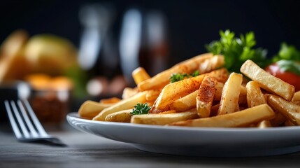 Delicious Golden French Fries Served on Plate with Garnish and Background of Soft Drinks and Blurred Fruits