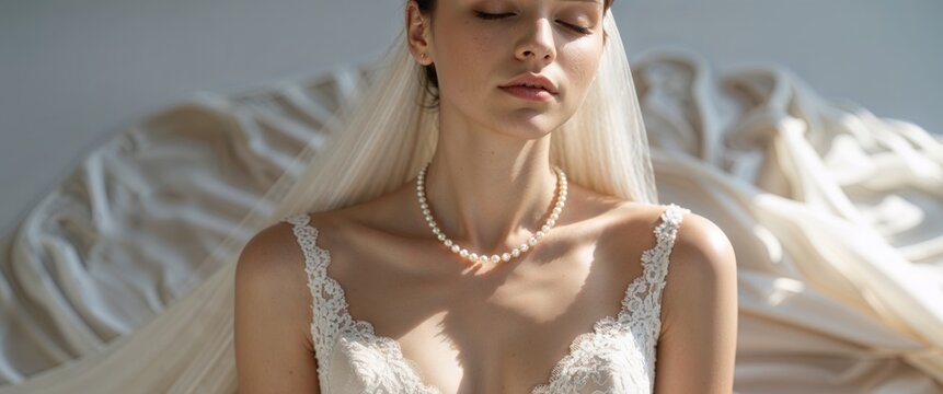 Beautiful bride wearing white lace dress and pearl necklace posing with closed eyes.
