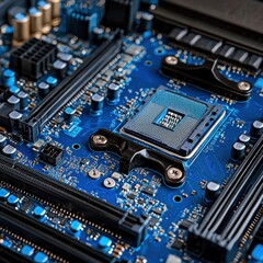 Close-up view of a computer motherboard displaying advanced electronic components and design
